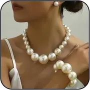 [Novearring] Pearl Necklaces and Earring Set Pearl Jewelry Set for Women Trendy White Faux Pearl Jewelry Big Pearl Earrings Chunky Pearl Choker Necklaces Wedding Jewelry Set for Bride