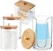 4Pcs Acrylic Qtip Dispenser Clear Cotton Swab Holder with Bamboo Cover Square/Round Qtip Dispenser Holder Dust-Proof Cotton Ball Organizer Cotton Pad Jar Container for Bathroom