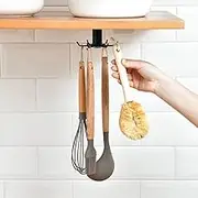 Under Cabinet Kitchen Utensil Hooks, 360° Rotating Kitchen Hook, Black Utensil Organizer Rack with 6 Claws, Adhesive Storage Rack for Kitchen Bathroom Hanging Storage Tools, Utensil, Towel, Cup