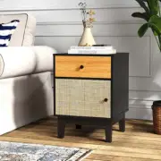 Costway Boho Rattan Nightstand Bedside Table with Solid Wood Legs-Black