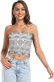 [GuoChe] Womens Tube Top Tribal Mexican Vintage Ethnic Black White Tight Padded Bandeau Top Strapless Halter Top for Teen Party