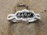 Clearance 10k White Gold Black Diamond Round Split Shank Engagement Ring Ladies