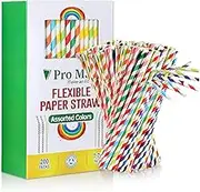 Pro Mael Paper Drinking Straws, Flexible Straws for Juices, Shakes, Smoothies, Disposable Straw for Birthdays, Weddings & Party (200 Pack, Assorted Colors)
