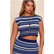 Shape Navy Knitted Stripped Button Front Boat Neck Top, Navy