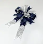 LARGE CHRISTMAS DECORATION 4 RIBBON BLUE WHITE BOW READY TO USE HANDMADE NEW