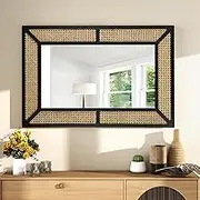THKSHOUZ Rattan Mirror for Wall Decor Bohemian Rectangular Large Mirror, Boho Decorative Wall Mirror, Hanging Mirror, Woven Wicker Wood Frame