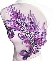 Lace Applique，Embroidered Appliques， Sequins Feather Embroidery Flower Fabric Lace Applique Net Trim Sewing Motif Wedding Dress Bridal DIY Craft(Purple)
