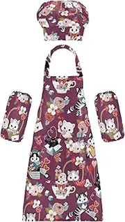 AIXIWAWA Kids Apron Chef Hat Set, Child Kitchen Bib Aprons Adjustable for Cooking Baking Painting (Cute Vintage Cats)