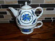 New Nantucket 3 Piece Porcelain Blue Floral Tea For One Teapot ~ Lid ~ Cup