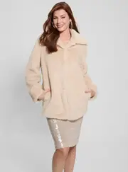 GUESS Women's Beige Francesca Faux Fur Coat Size: Medium, Polyester