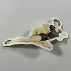 Diecut Sticker Curly Blonde Pinup in a Tight Black One Piece Risqué Sunhat Perky