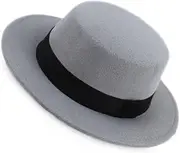[VANTOBEST] Classic Flat Top Hat Fedora Hat Felt Pork Pie Hat Panama Hat Felt Church Derby Cap Jazz Hat with Band for Women Men (Grey), Grey, One Size