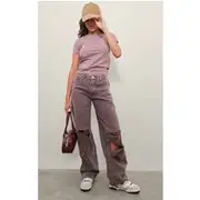 Washed Mauve Baggy Low Rise Ripped Boyfriend Jeans, Mauve