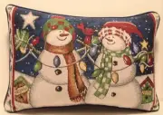 Snowmen Stringing Lights At Night w/ Christmas Light Border Tapestry Pillow New