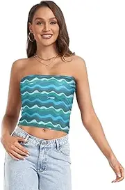 [GuoChe] Womens Strapless Tube Top Floating Whales Blue Waves with Mesh Crop Top Bra Strapless Bras for Lady Club