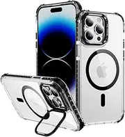for iPhone 14 Pro Max Case with Metal Camera Stand, Full Protection Shockproof Cover, High-Transparency Magnetic Case for iPhone 14 Pro Max (Black)