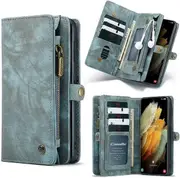 CaseMe For Samsung Galaxy S21 Zipper & Detachable Retro Leather Pouch Wallet Flip Purse Bag Detachable Phone Case Cover (Sky Blue)