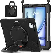 Anti-yellowing tablet cover Case Compatible with iPad Air 11 inch 2024 Released,Heavy Duty TPU Shockproof Kids Case,360 Degree Rotating Multi-Function Grip Bracket+Shoulder Strap Rugged Cover Stylus p