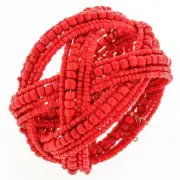 Coral Red Beads Braided Memory Wire Cuff Bracelet