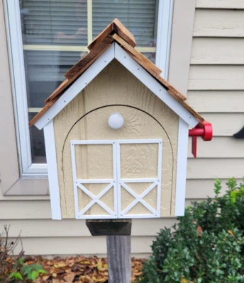 Amish Crafted Barn Style Mailbox (Beige/White Trim) - Lancaster County Made