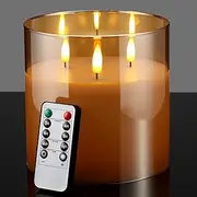 [Retisee] 6'' x 6'' Extra Large Flameless Candles, 3 Wick Glass Large Candles with Remote Control and Timer Function, Real Wax LED Pillar Decor Flickering for Home Party Decor(Gold)
