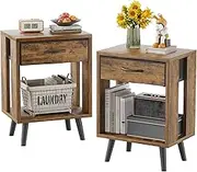GYIIYUO Nightstand Set of 2 with Fabric Drawers and Open Shelves - Rustic Bedroom Side Tables