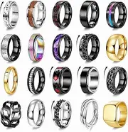 [SOMEITIA] 20PCS Stainless Steel Band Rings for Men Women Stress Anxiety Relief Spinner Rings Black Cool Fidget Chain Ring Gold Square Wedding Promise Ring Size 7-13