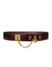 [Lauren Ralph Lauren] Croc-Embossed Chain Padlock Wide Belt in Brown