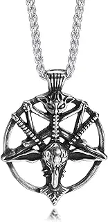 [UMtrade] Men Stainless Steel Baphomet Satanic Rams Goat Necklace Inverted Pentagram Skull Sheep Head Pendant Satan Wicca Jewelry