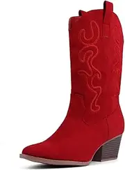 [Bandkos] Women's Cowboy Boots Faux Suede Embroide Pointed Thick Heeled Western Wide Calf Cowgirl Ponited Toe Mid Calf Boots