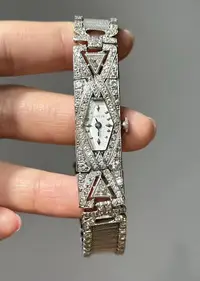 在飛比找Yahoo!奇摩拍賣優惠-Artdeco鉑金鉆石女士機械手錶寬版