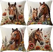 ULOVE LOVE YOURSELF 4Pack Horse Throw Pillow Covers with Wildflower Watercolor Horse Pillowcases Rustic Farmhouse Sofa Couch Decor Cushion Cover 18 X 18 Inch (Brown)