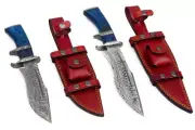 Custom Handmade Twin Damascus Steel Hunting Knife Set, Blue Handles, Small & Big