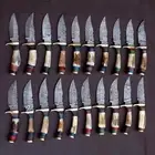 LOT OF 20 HANDMADE DAMASCUS 8 INCH SKINNER KNIFE STAG HORN HANDLE WITH LEATHER