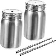 Garneck Stainless Steel Jars Reusable Straws Wide Mouth Can Cups 700ml Overnight Oats Container