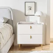 Modern Bedside Table PU Leather Night Stand with Solid Wood Frame 2 Drawers for Bedroom, No Assembly Required（White）