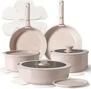 CAROTE 15pcs Pots and Pans Set, Ceramic Cookware Set Detachable Handle, Induction Nonstick Kitchen Cookware Sets with Removable Handle, Non Stick RV Cookware Set, Oven Safe Cookware Set, Taupe
