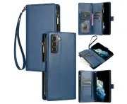 Samsung Galaxy S21 FE Wallet Case with Lanyard Leather Card Flip Case -Blue