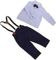 [Baluue] Boys' Long Sleeve Shirt Overalls Suit Boy Formal Outfit Cute Bow Tie Versatile for Spring/autumn