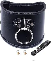 O Ring Choker Collar Black Faux Leather Locking Adjustable Double Neck Support Belt (Pulling Rope,Padlock 2 Pieces)