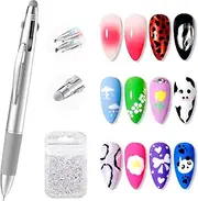 Gellen 5-in-1 Nail Dotting Pen with Ballpoint Pen Design & Nail Rhinestones, Double-end Nail Dotting Tools for Dotting, Gems, Gradient, Chrome Powder, DIY Manicure Home Salon Nail Art Tools