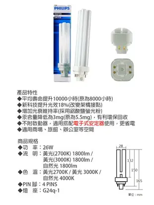 【非BB燈管】飛利浦 緊密型 省電燈管 26W PL-C 4pins /〖永光照明〗PH-26WPLC%4P