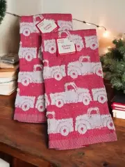 2x Christmas Kitchen Tea Towel Set 2 pc Red Retro Truck Print ~Super Thick Soft