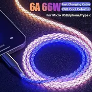 Fast Charging RGB Cable 100W Breathing Light 66W Type C USB C Data Cable for iPhone Samsung Android Micro 30W Quick Charge Cable