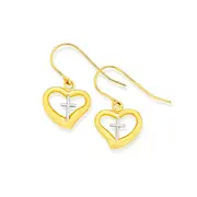 9ct Gold Two Tone Open Heart With Cross Hook Drop Earrings