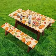 Picnic Table Cover Set with Bench Covers, Fall Pumpkin Pattern, 94x30 Inches, Orange, 3 Pcs for 6 Foot Tables, Camping Essentials