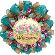 Spring Floral Welcome Basket Wreath Handmade Deco Mesh