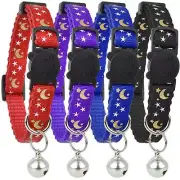 Cat Collar Stars and Moon 4-Pack Reflective with Bell Solid & Safe Collars fo...