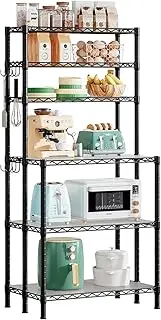 Untyo Standing Baker's Rack, Microwave Oven Stand with 8 Hooks, 6-Tier Shelving Unit Adjustable Storage Shelf Rack, Heavy Duty Standing Metal Organizer Shelves for Kitchen Living Room Pantry