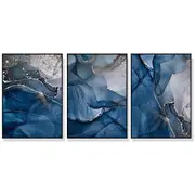 50Cmx70cm Blue Gold Marble 3 Sets Black Frame Canvas Wall Art